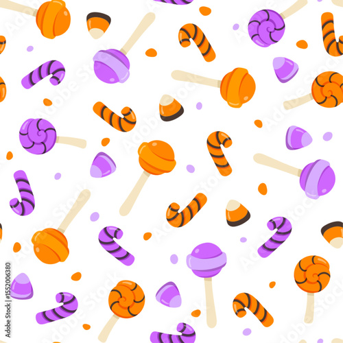 Halloween candies seamless pattern. Vector Halloween repeat print with candy corn, lollypop, sweets on white background. Funny texture for fabric, decoration, wallpaper, wrapping paper, backdrop.