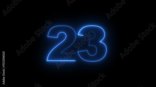 Neon 23 number mathematics text icon animation on black background. Glowing neon 23 motion graphics animation. Number 23 vector illustration. Digits with glowing lights and bulbs.  