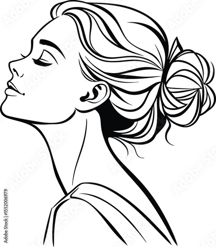 Elegant woman s profile with hair styled in a bun in a minimalist black and white line art