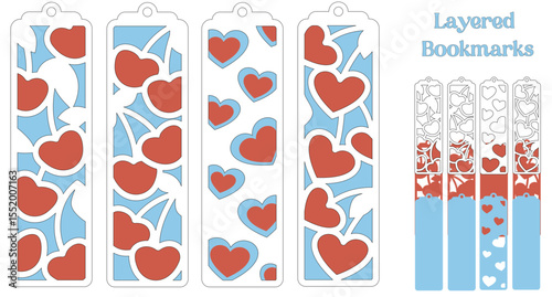Set of bookmarks with cherry, Layered panel with berries and hearts, svg laser cut files