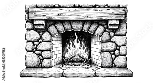 Detailed Sketch of a Stone Fireplace with Burning Logs and Wood Mantelpiece