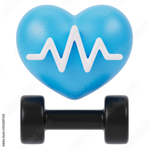 heart and heartbeat with dumbbell  3d icon in cartoon plastic style minimal isolated on transparent white background, clipping path	
