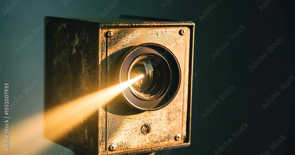 Old camera projector beaming light rays, creating a vintage, cinematic atmosphere.