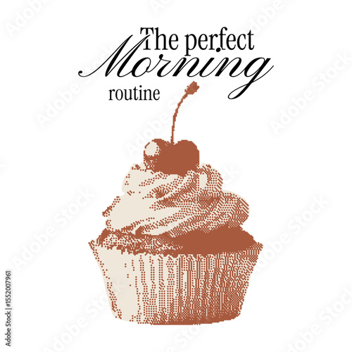 Delicate cherry cupcake drawn in halftone texture with playful type. Great for morning treat packaging, retro food label design, cute apparel prints, nostalgic baking themes.