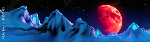 View of a red moon rising over a mountain range