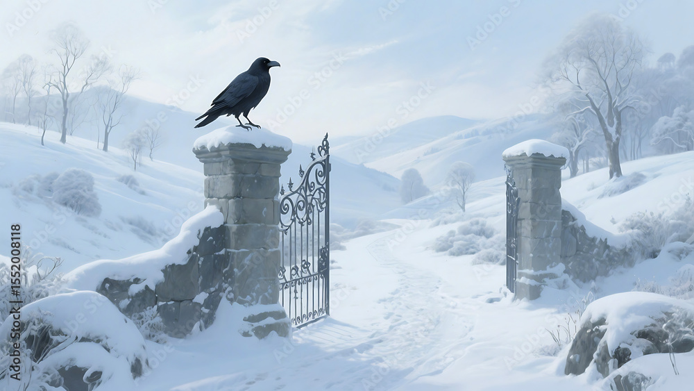 Fototapeta premium Raven perched on a snow-covered gate in a winter 