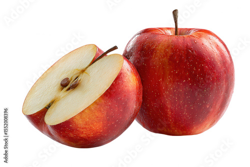 A whole red fruit and a halved red fruit displaying the seeds on a transparent background