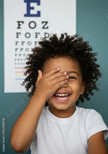 smiling african american child covers eye in front of chart. concept of health and check up. playful scene in clinic. healthcare, educational poster, pediatric wellness. national vision exam month