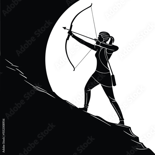 Silhouette of a female archer aiming her bow and arrow from a rocky cliff