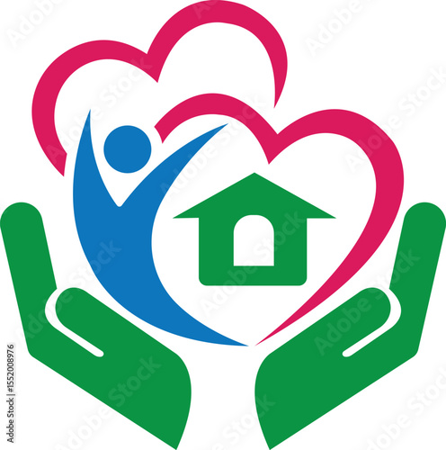 Home house red heart People couple together care clinic people new healthy life care logo design