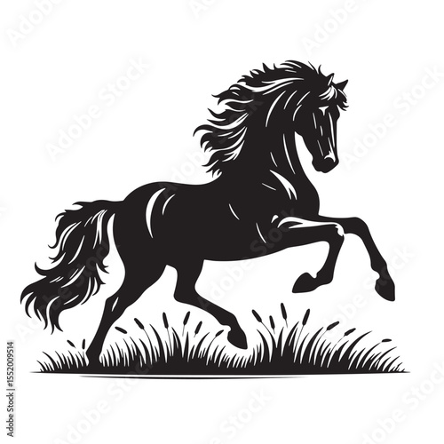 Black Horse running in field Silhouette Vector, High Quality Illustration on White Background