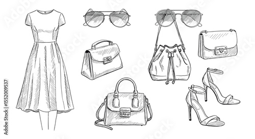 Elegant fashion sketch featuring dress bags sunglasses and heels in monochrome style