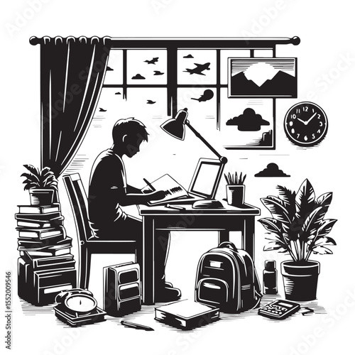 Black Homework checking scene Silhouette Vector, High Quality Illustration on White Background