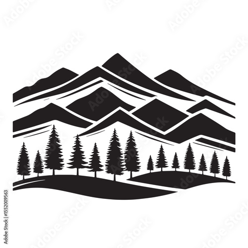 Black Hills with tree line Silhouette Vector, High Quality Illustration on White Background