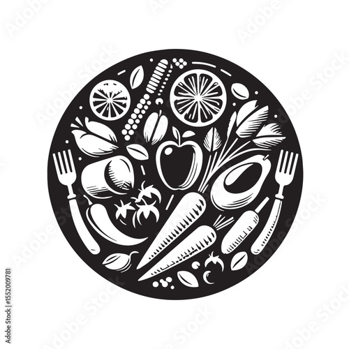 Black Healthy eating plate Silhouette Vector, High Quality Illustration on White Background