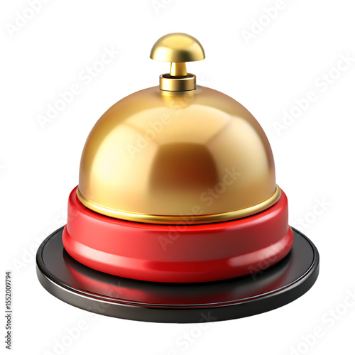 A golden service bell with a red base is isolated on transparent background