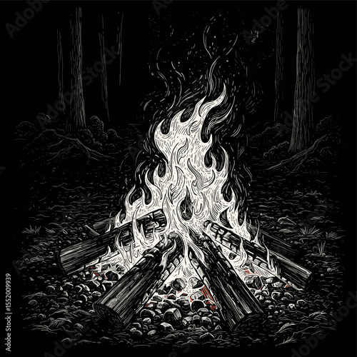 Enchanting campfire sketch evokes warmth and wilderness under a starlit canopy