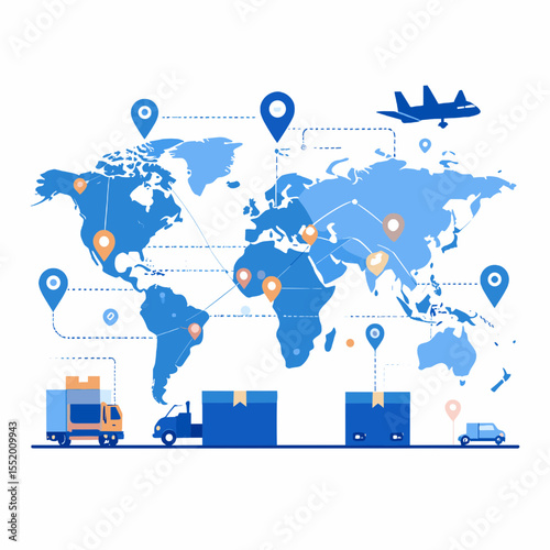 Global Logistics Network with Airplane Truck Car and Delivery Boxes on World Map Illustration in Blue and Orange Colors