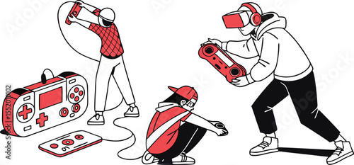 Three people playing video games with controllers and vr headset isolated on transparent background