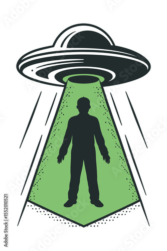Silhouette of a Person Being Taken by an Extraterrestrial Flying Object person being beamed flying saucer Green light beam and silhouette style ufo