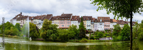 Panorama of a European town with a lake and a fountain.
Wil, Switzerland