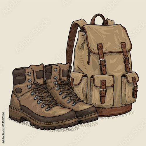 Exploring nature: a hiking boots and backpack illustration evokes adventure and wanderlust