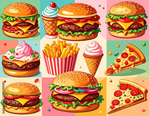 Grid of Pixelated Fast Food Items with Burgers Fries Pizza and Ice Cream against Colorful Backgrounds