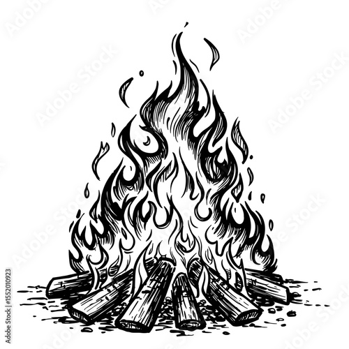 Hand-drawn bonfire illustration: A captivating sketch of glowing flames and burning logs