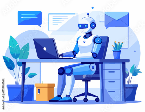 Illustrative Robot Working at Blue Desk with Laptop and Office Supplies in Brightly Lit Room