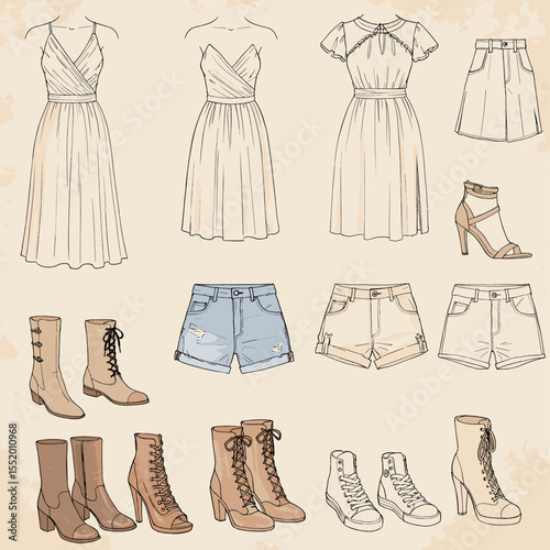 Fashionable women's clothing illustration showcases dresses, shorts and shoes design collection