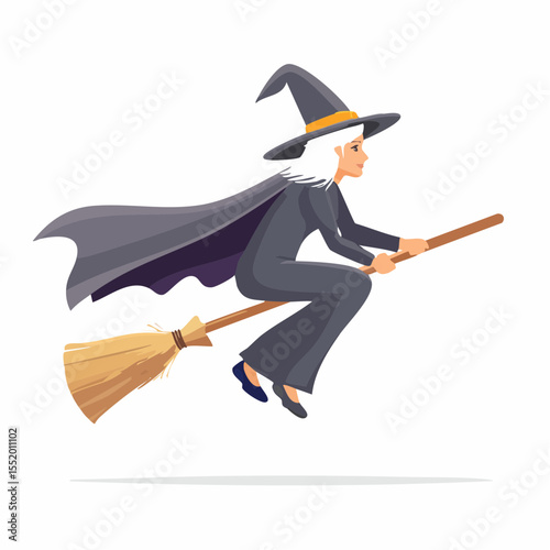 halloween witch flying on broom, Isolated ob white