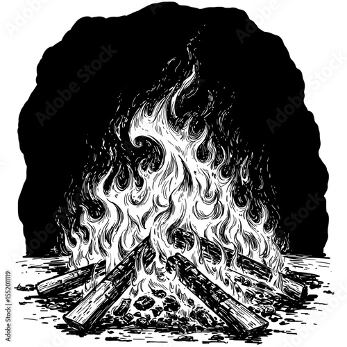 Hand-Drawn Bonfire Illustration: Evoking Warmth and Nostalgia in Black and White