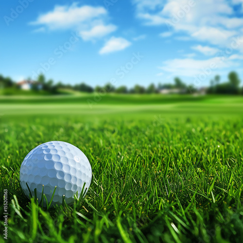 Golf ball on a pristine green course under a bright sky.