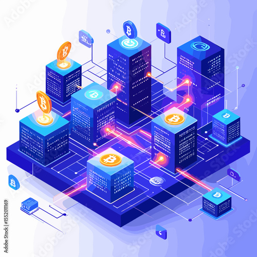 Isometric Blockchain Network with Bitcoin Symbols on Blue Cubes and Red Light Beams Representing Cryptocurrency Technology