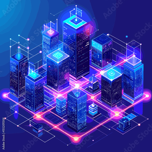 Isometric Blue Cityscape with Neon Network Connections and Futuristic Urban Design for High Tech Concepts