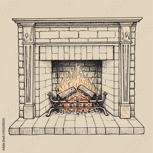 Hand-Drawn Fireplace Illustration with Burning Logs, Warmth and Comfort Depicted