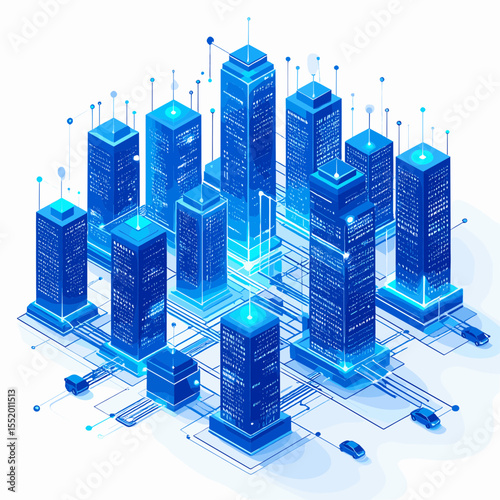 Isometric Cityscape with Blue Skyscrapers and Connected Network for Modern Urban Design and Architectural Illustration Vector Graphics