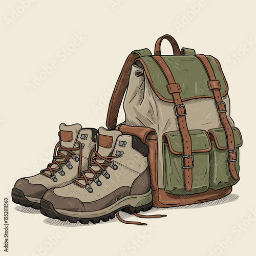Hiking essentials: illustration of backpack and boots ready for adventure trip