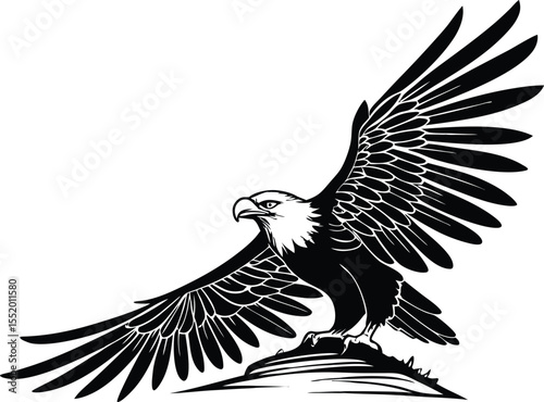 Majestic bald eagle spreading its wings on a rocky outcrop