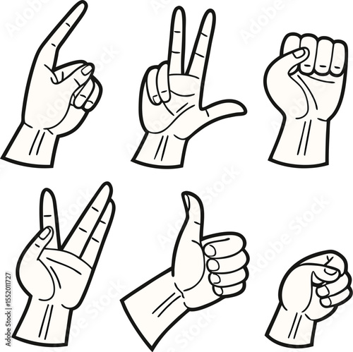 Six black-and-white line drawings of hands displaying various gestures, including a raised index finger, a peace sign with two fingers, a Vulcan salute, a thumbs-up, and two clenched fists.