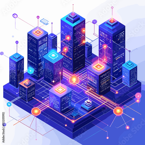 Isometric Cityscape with Glowing Networks in Blue and Purple Hues Showing Technological Interconnectivity Representing Smart Urban Architecture
