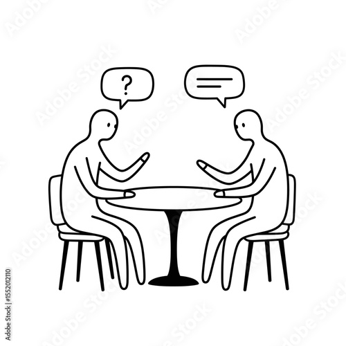 Minimalist illustration depicting a business negotiation between two people discussing ideas