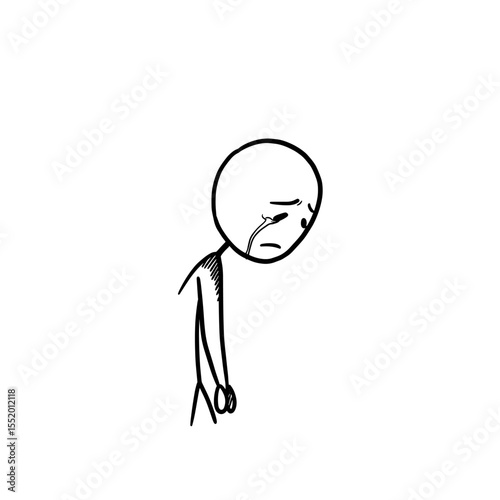 Minimalist stick figure expressing sadness, tears falling, embodying emotional distress