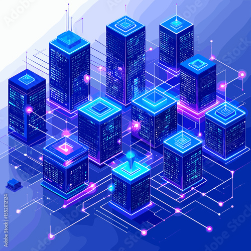 Isometric Data Server Network in Blue and Purple Tones Digital Communication and Abstract Technology Architecture with Neon Glow