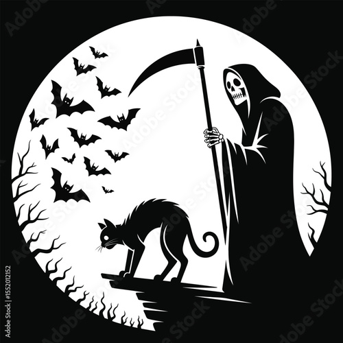 Grim Reaper Scythe Black Cat Bats Halloween Moon vector