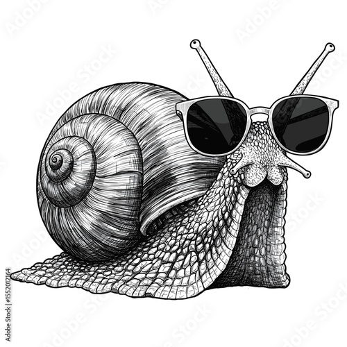 Humorous snail portrait illustration wearing sunglasses in black and white