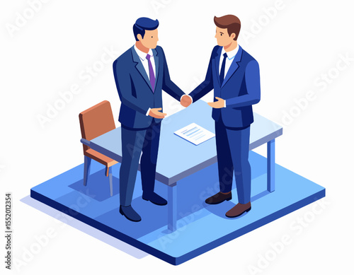 Isometric Illustration of Two Businessmen in Suits Shaking Hands Over a Table in an Office with a Contract Document