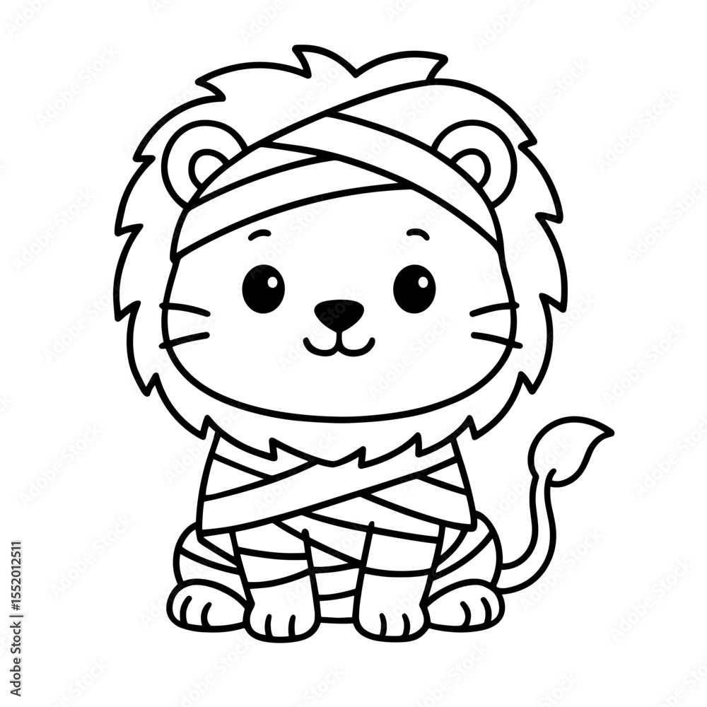 Fototapeta premium A delightful Halloween illustration featuring a friendly lion character, wrapped in bandages, ready for a spooky celebration. coloring page
