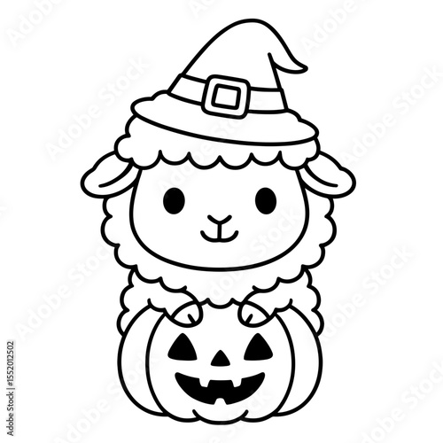 A cute cartoon sheep wearing a witch hat stands atop a carved pumpkin, perfectly embodying the playful spirit of Halloween. vector illustration coloring page