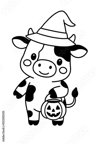 A charming cartoon cow, adorned with a witch hat and clutching a jack-o'-lantern, ready for a spooky Halloween celebration. Capturing the playful spirit and festive charm of this unique combination.